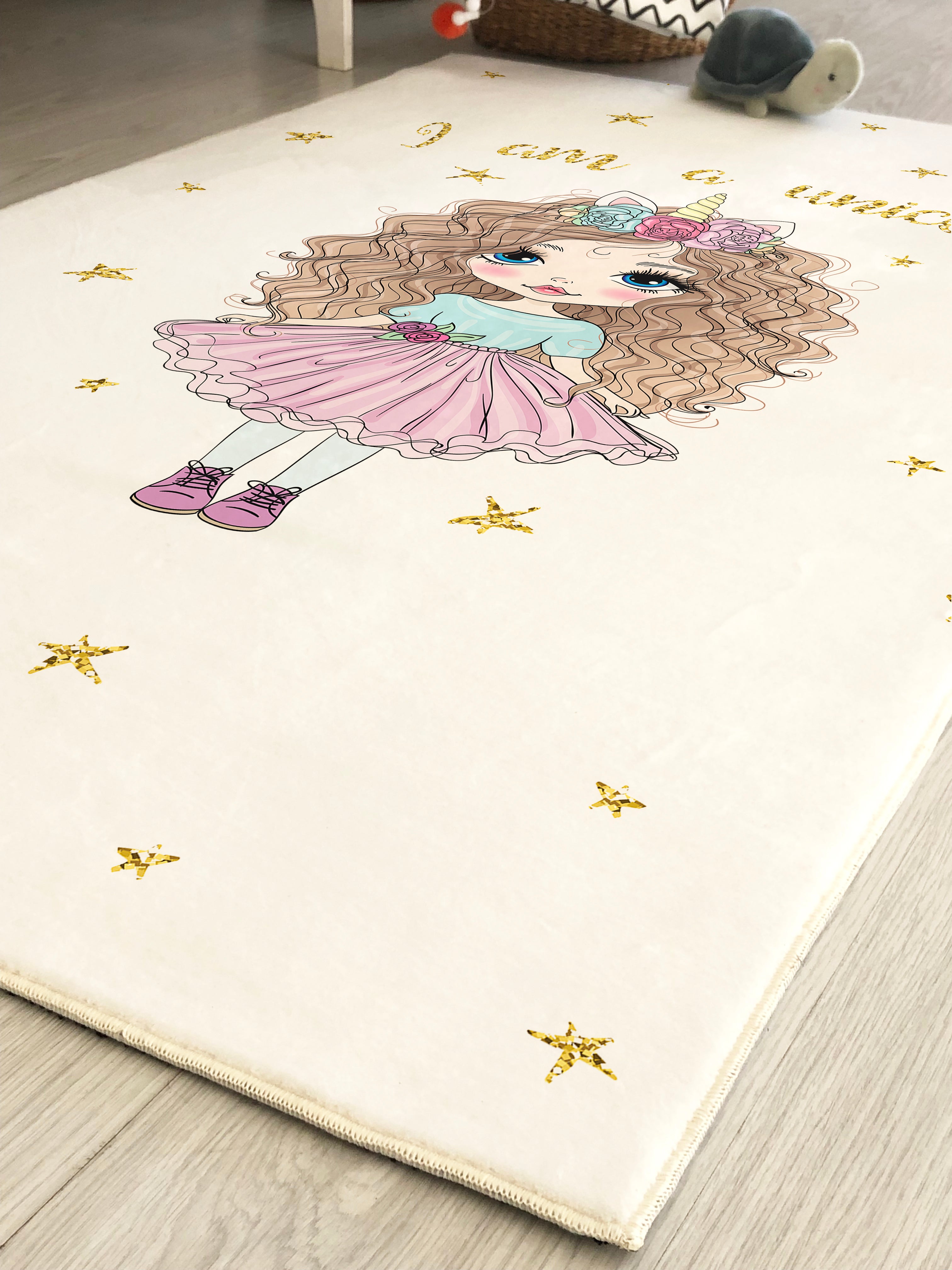 Evmila Mor Etekli Prenses Kız Desenli Çocuk Halısı