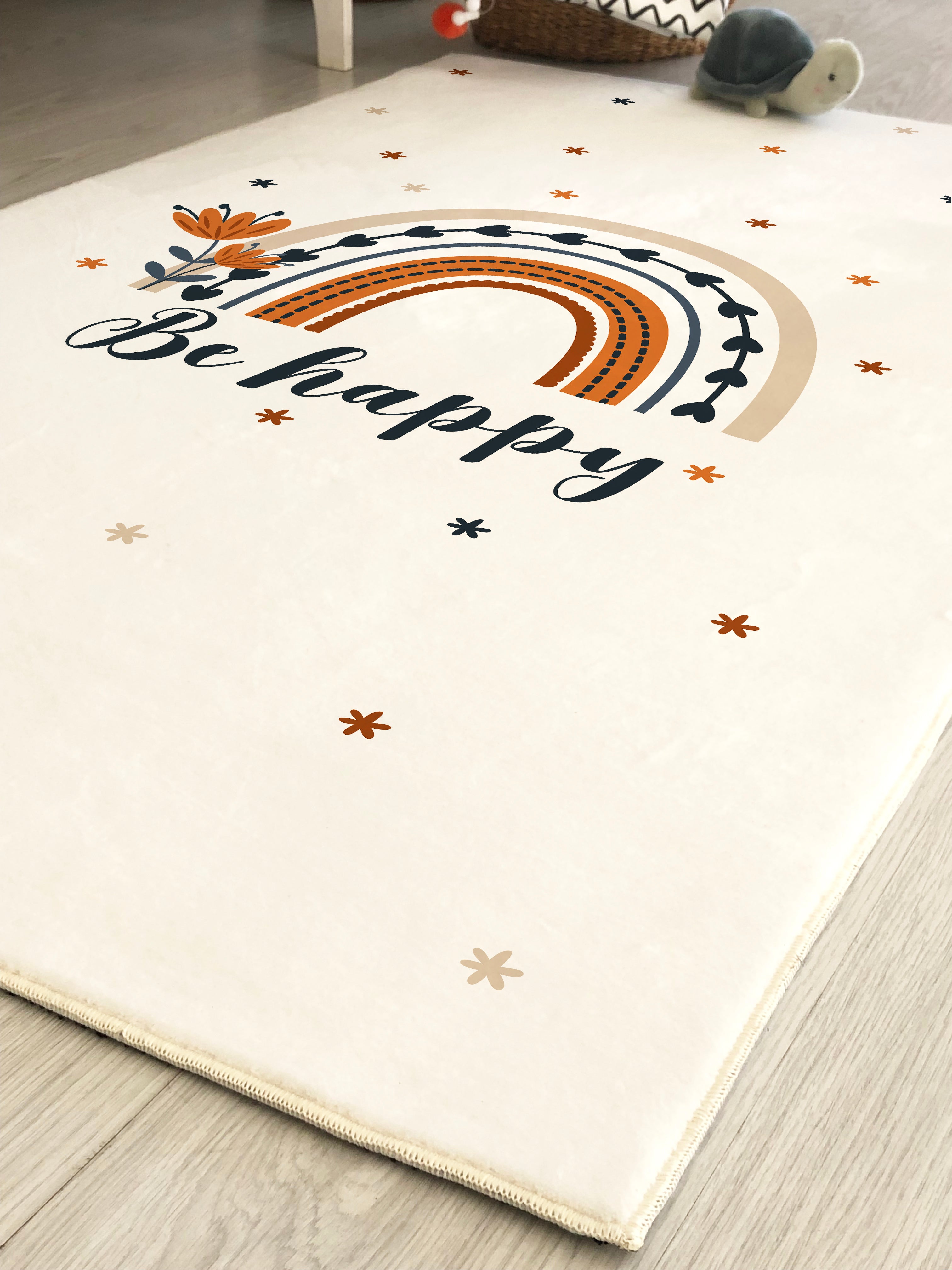 Evmila Be Happy Yazılı Gökkuşağı Desenli Çocuk Halısı