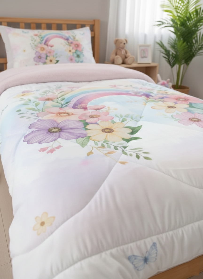 Evmila Çiçekli Gökkuşağı Desenli Peluş Uyku Seti (Pembe Peluş)