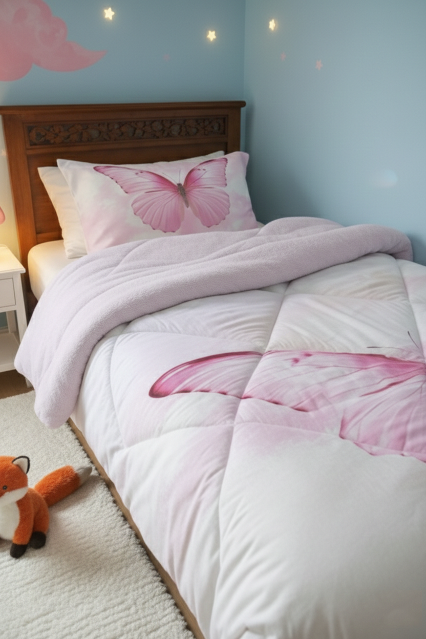 Evmila Kelebek Desenli Peluş Uyku Seti (Pembe Peluş)