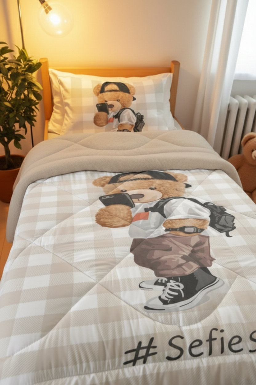 Evmila Ayıcık Desenli Peluş Uyku Seti (Bej Peluş)