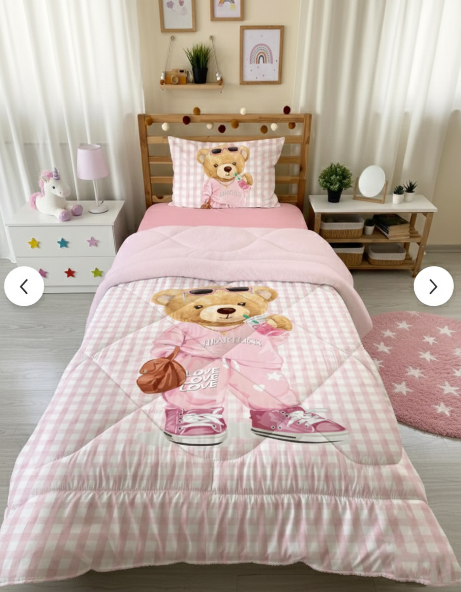 Evmila Bow Tie Patterned Plush Sleeping Set (Pink Plush)