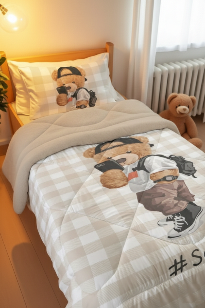 Evmila Ayıcık Desenli Peluş Uyku Seti (Bej Peluş)