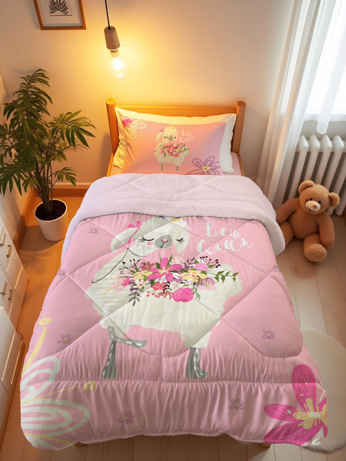 Evmila Lama Desenli Peluş Uyku Seti (Pembe Peluş)