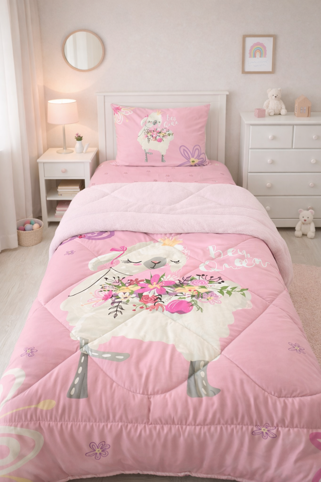 Evmila Lama Desenli Peluş Uyku Seti (Pembe Peluş)