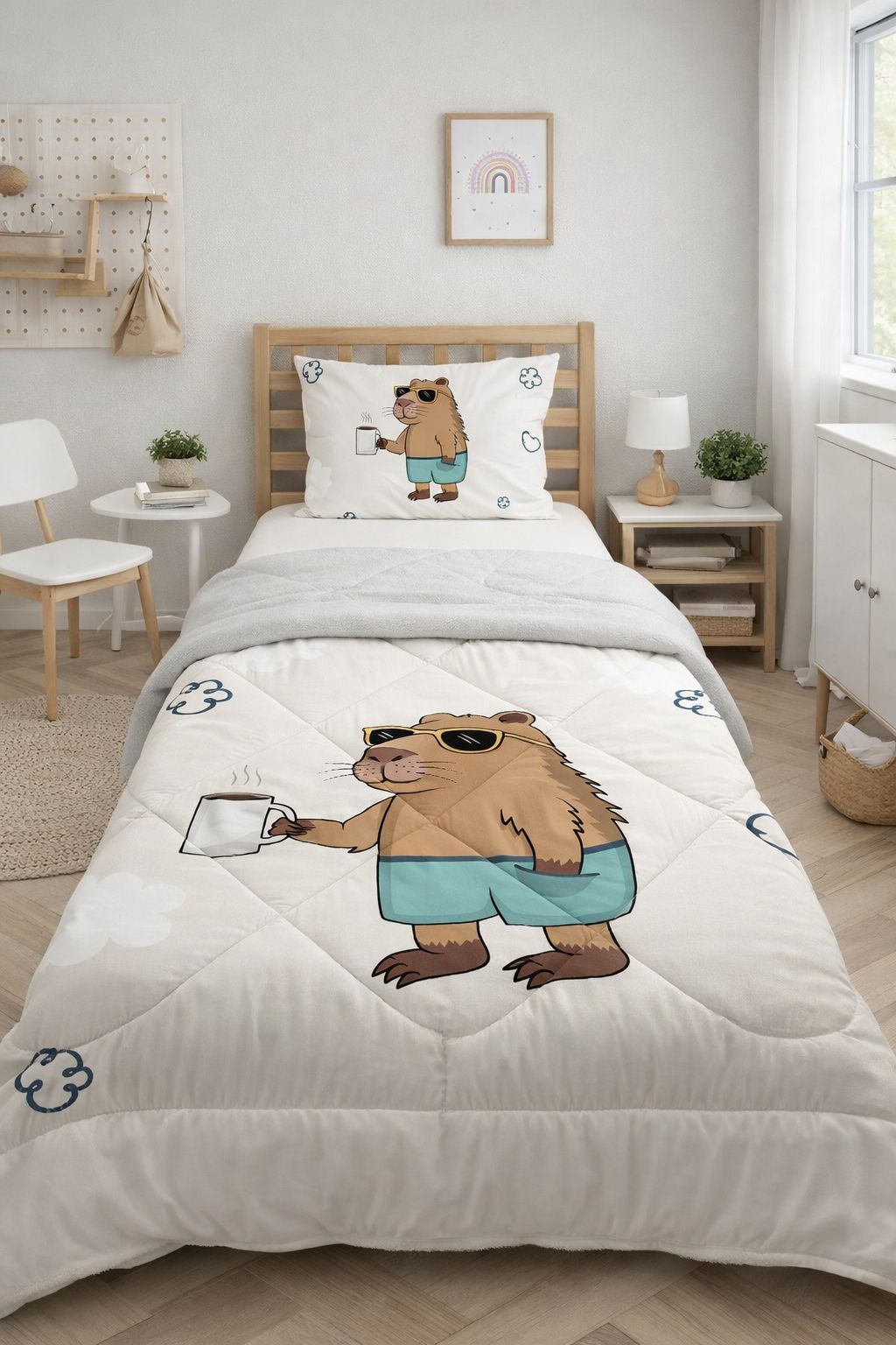 Evmila Capybara Desenli Peluş Uyku Seti (Gri Peluş)