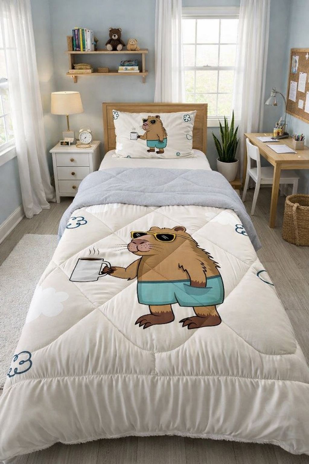 Evmila Capybara Desenli Peluş Uyku Seti (Gri Peluş)