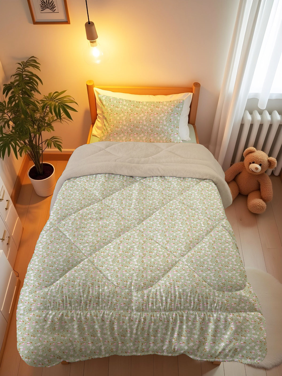 Evmila Minik Çiçekler Desenli Peluş Uyku Seti (Bej Peluş)