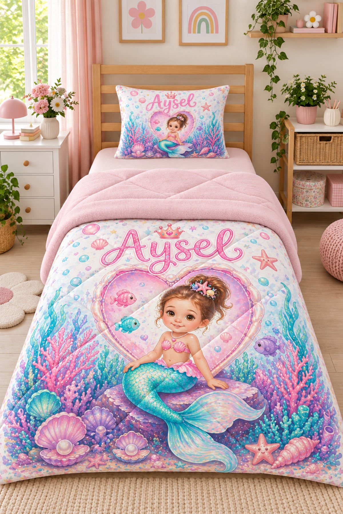 Evmila Karikatüristik Deniz Kızı Temalı Peluş Uyku Seti (Pembe Peluş)