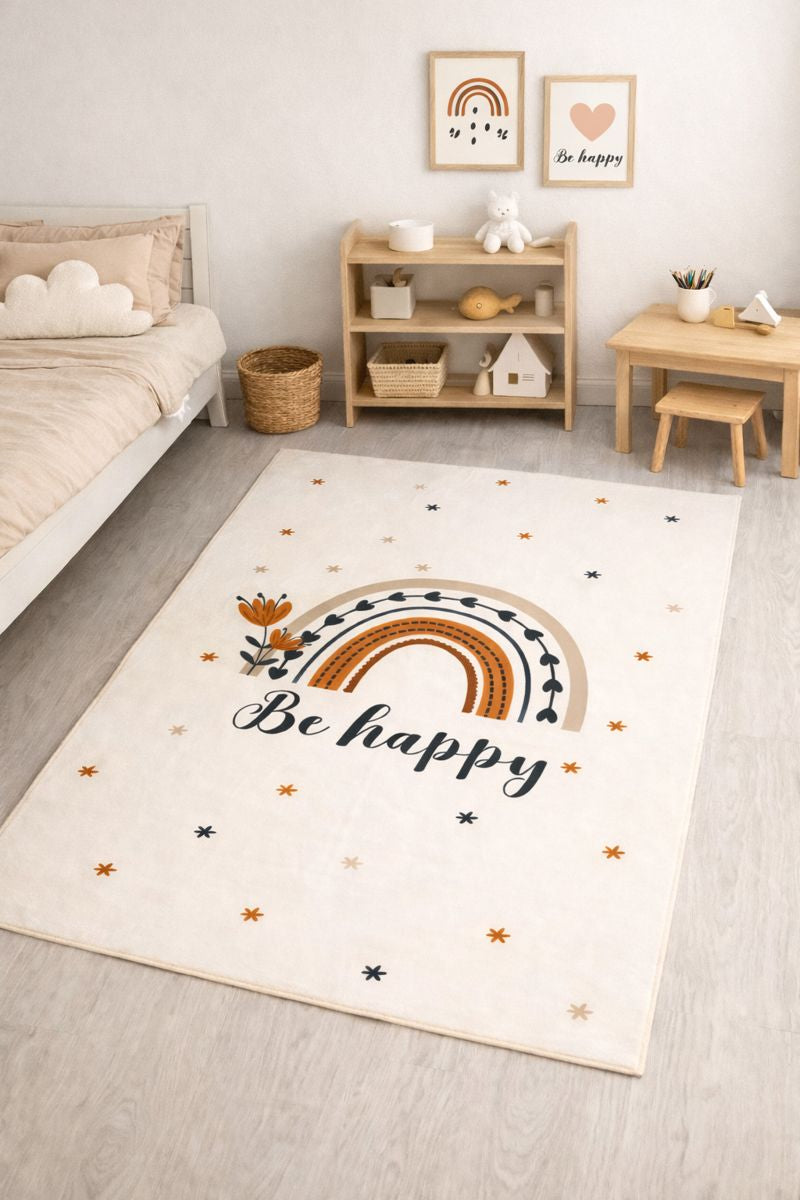 Evmila Be Happy Yazılı Gökkuşağı Desenli Çocuk Halısı