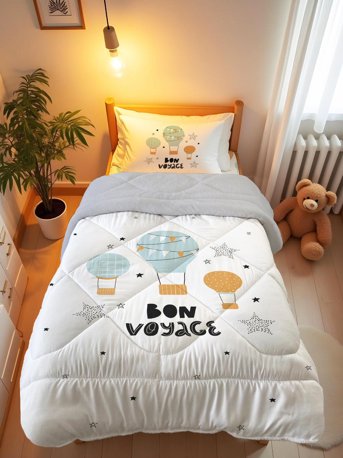 Evmila Uçan Balon Desenli Peluş Uyku Seti (Gri Peluş)