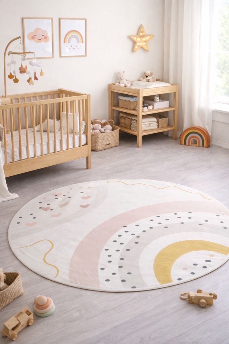 Evmila Pastel Gökkuşağı Desenli Yuvarlak Halı Modeli
