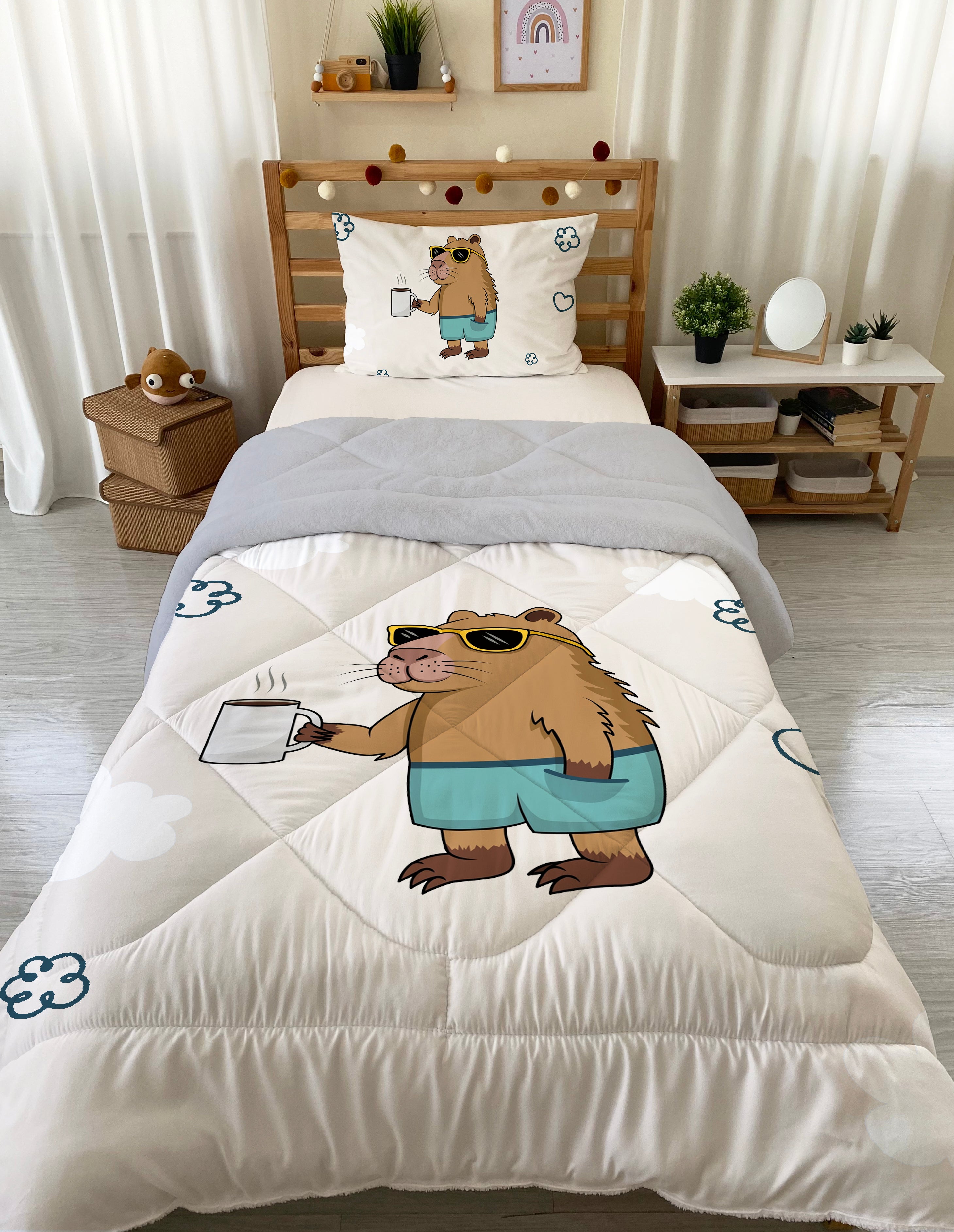 Evmila Capybara Desenli Peluş Uyku Seti (Gri Peluş)