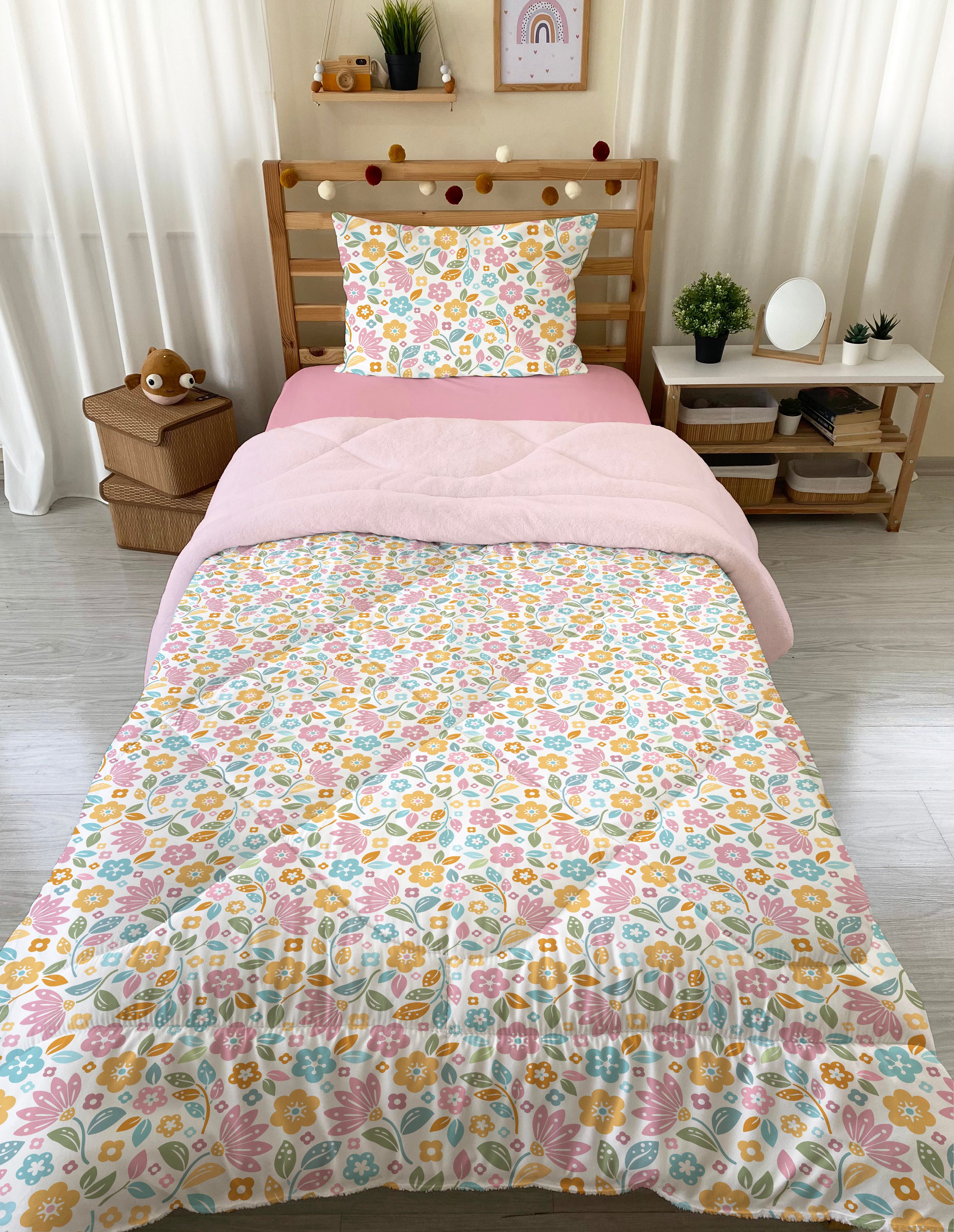 Evmila Minik Çiçekler Desenli Peluş Uyku Seti (Pembe Peluş)