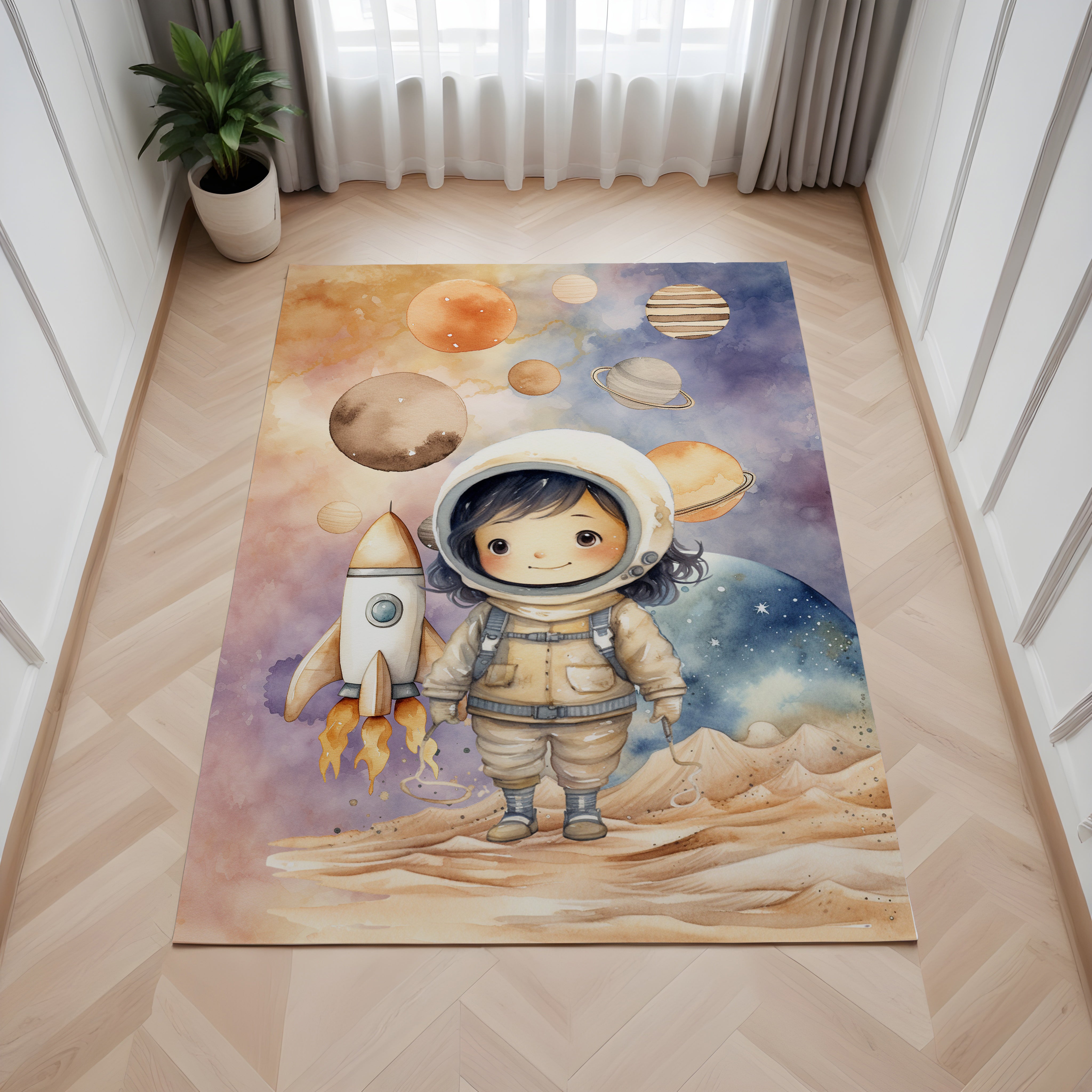 Evmila Uzayda Sevimli Astronot Desenli Çocuk Halısı