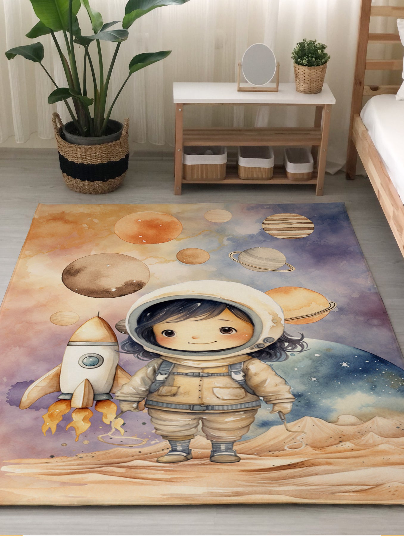 Evmila Uzayda Sevimli Astronot Desenli Çocuk Halısı