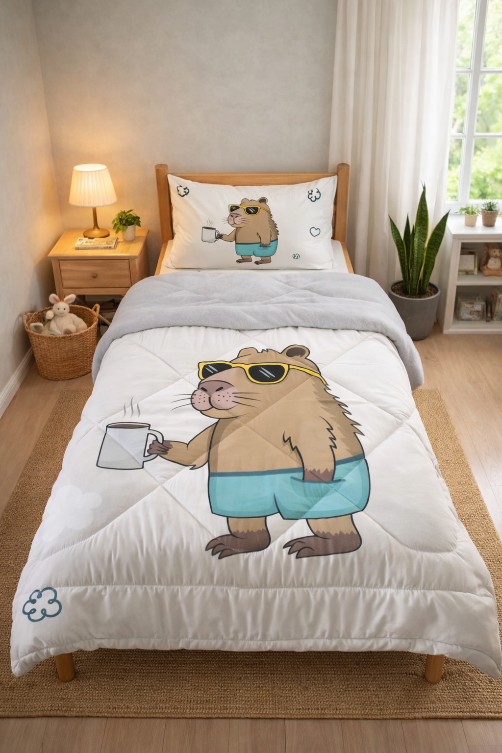 Evmila Capybara Desenli Peluş Uyku Seti (Gri Peluş)
