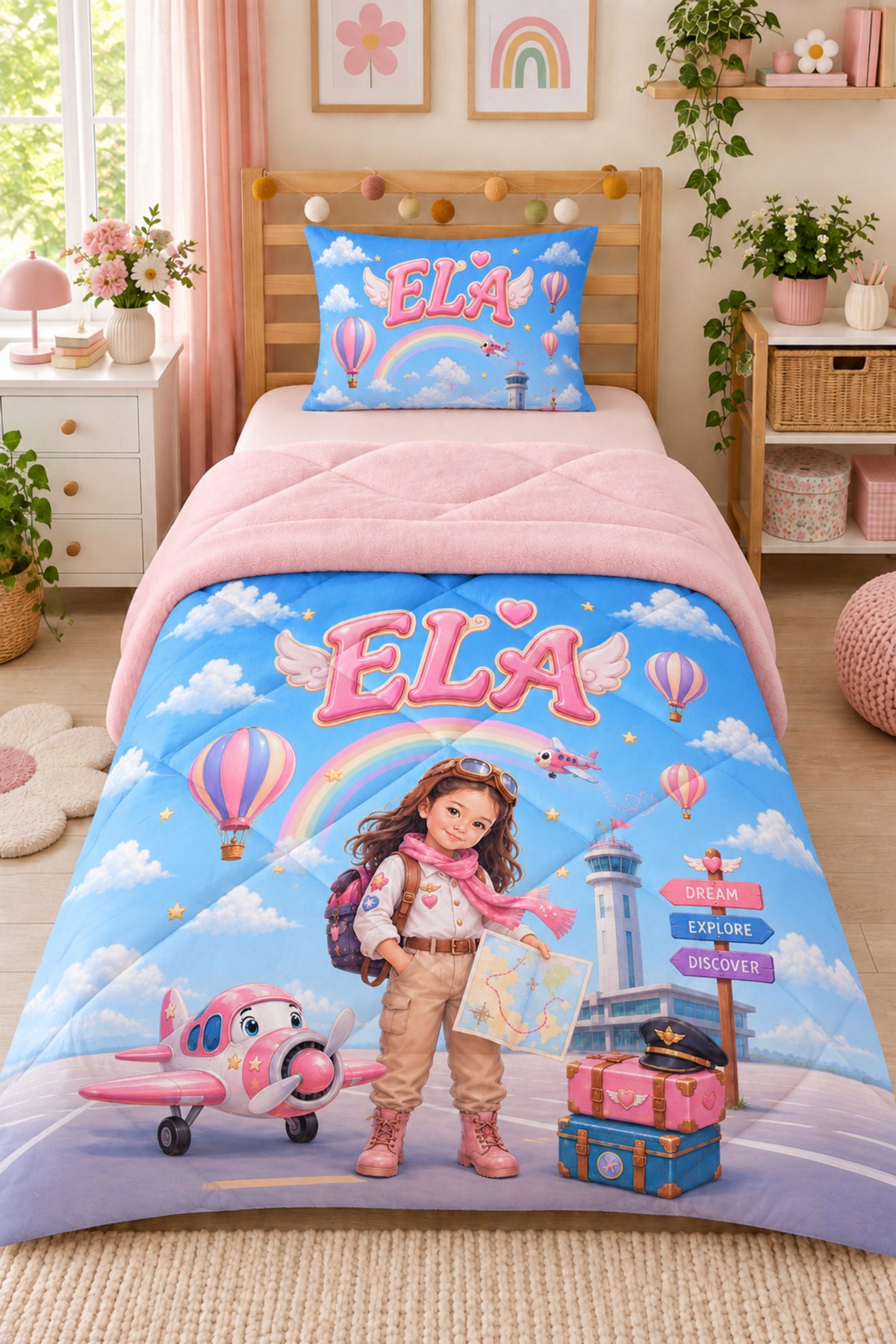 Evmila Karikatüristik Gezgin Temalı Peluş Uyku Seti (Pembe Peluş)