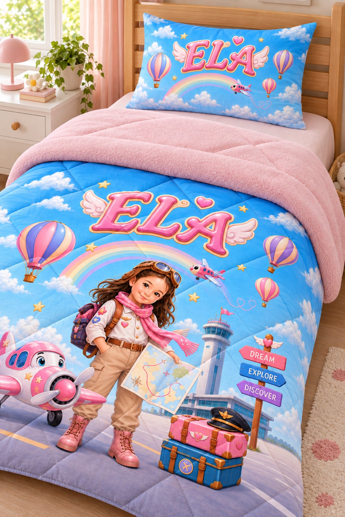 Evmila Karikatüristik Gezgin Temalı Peluş Uyku Seti (Pembe Peluş)