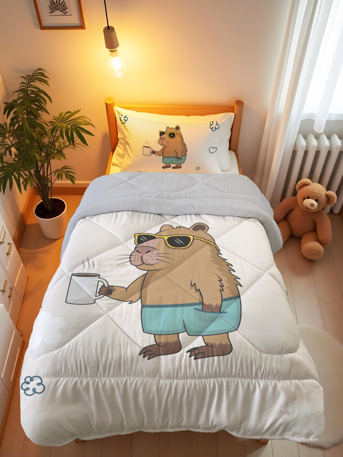 Evmila Capybara Desenli Peluş Uyku Seti (Gri Peluş)