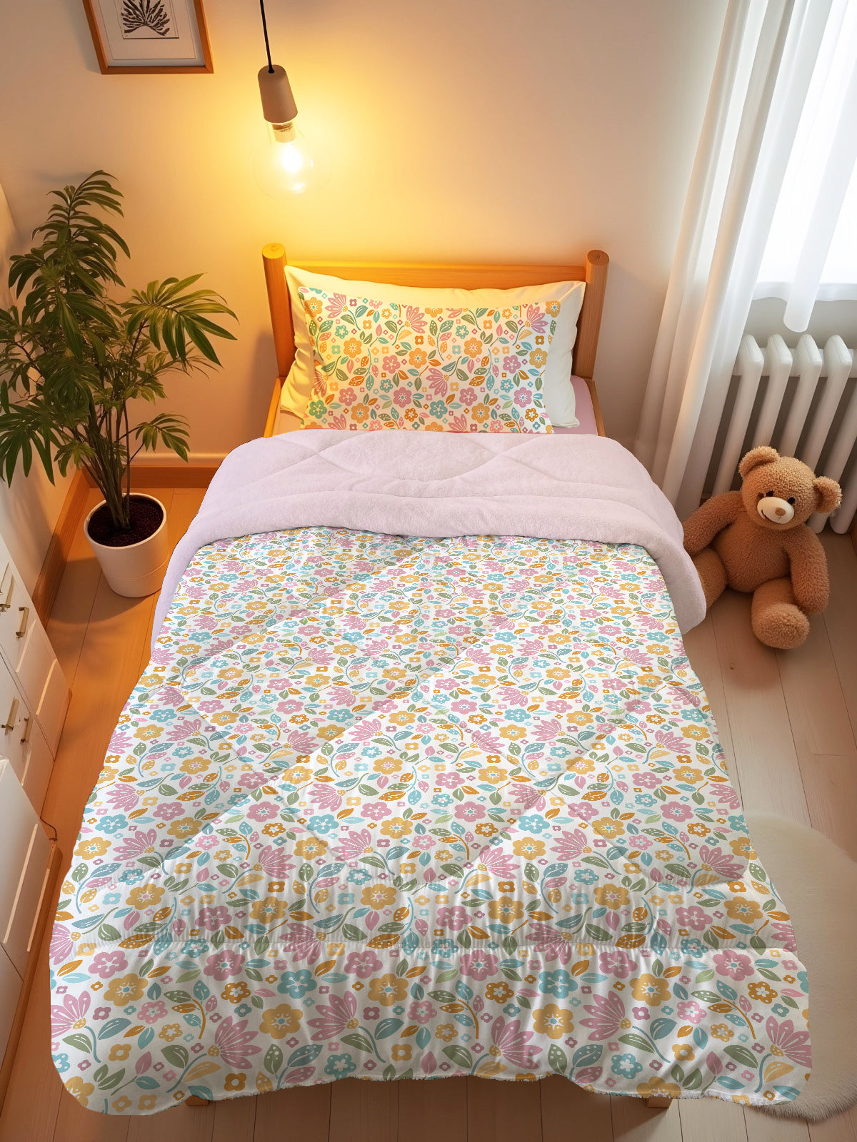 Evmila Minik Çiçekler Desenli Peluş Uyku Seti (Pembe Peluş)