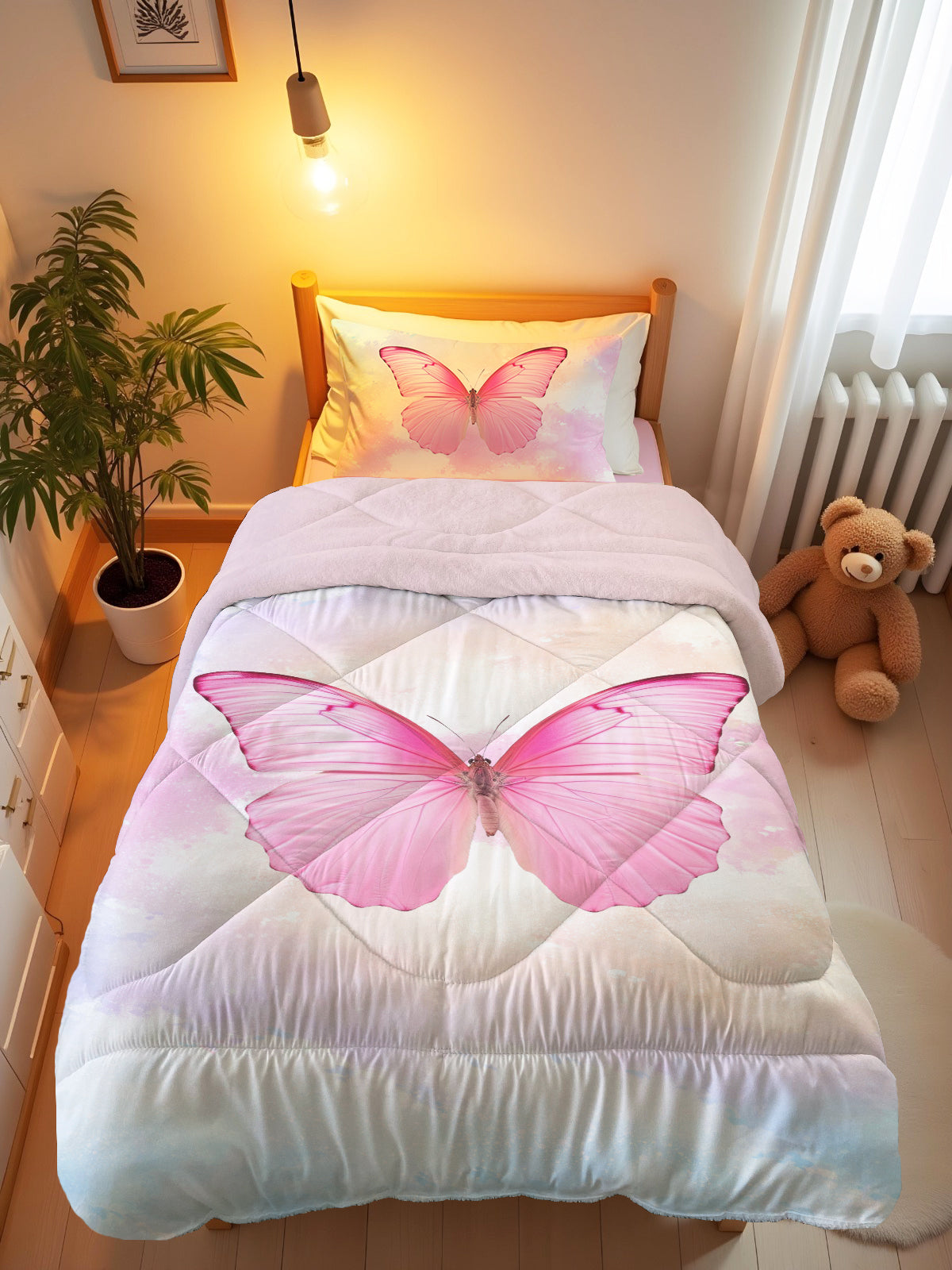 Evmila Kelebek Desenli Peluş Uyku Seti (Pembe Peluş)