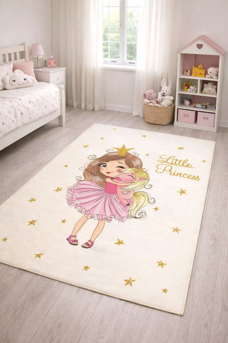 Evmila Prenses Kız ve Ponny Unicorn Desenli Çocuk Halısı