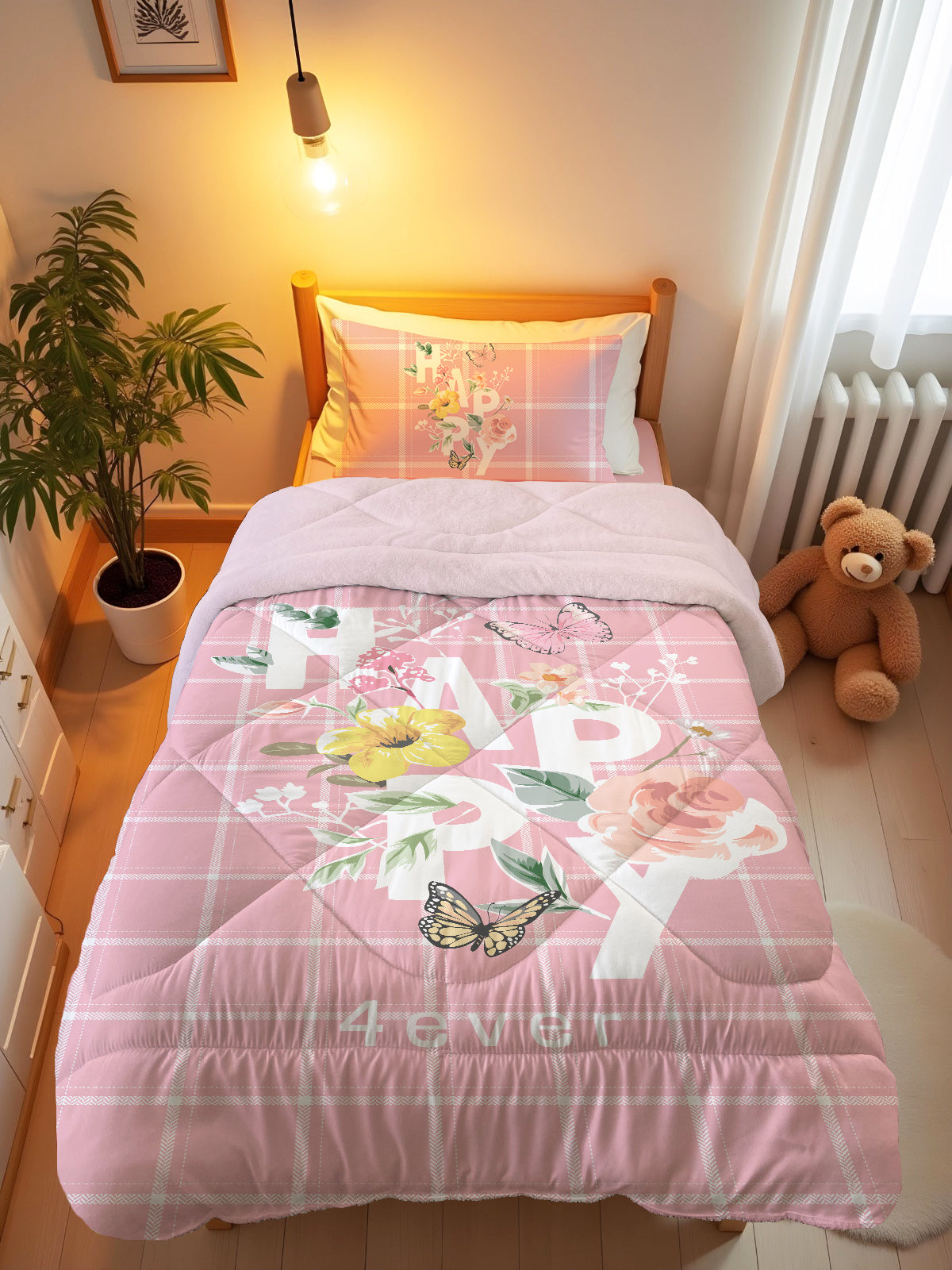 Evmila Happy Yazı Desenli Peluş Uyku Seti (Pembe Peluş)