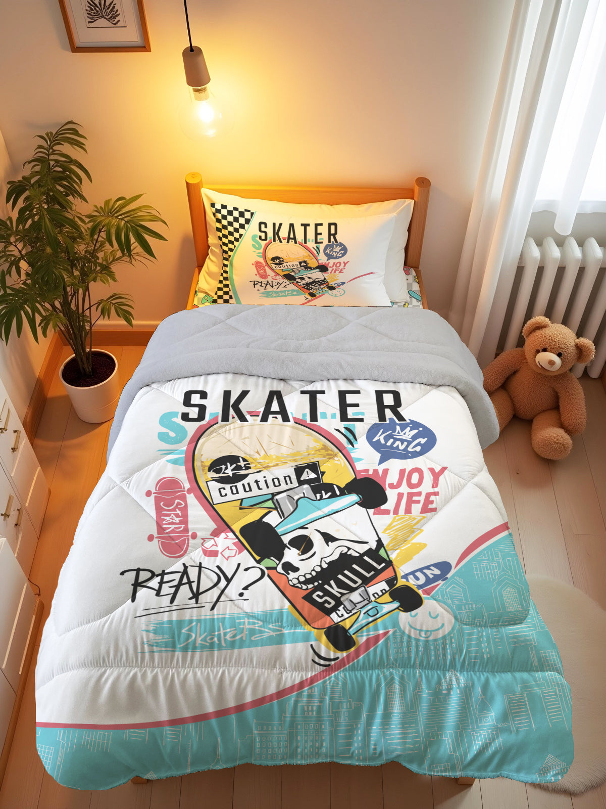 Evmila Kaykay Desenli Peluş Uyku Seti (Gri Peluş)