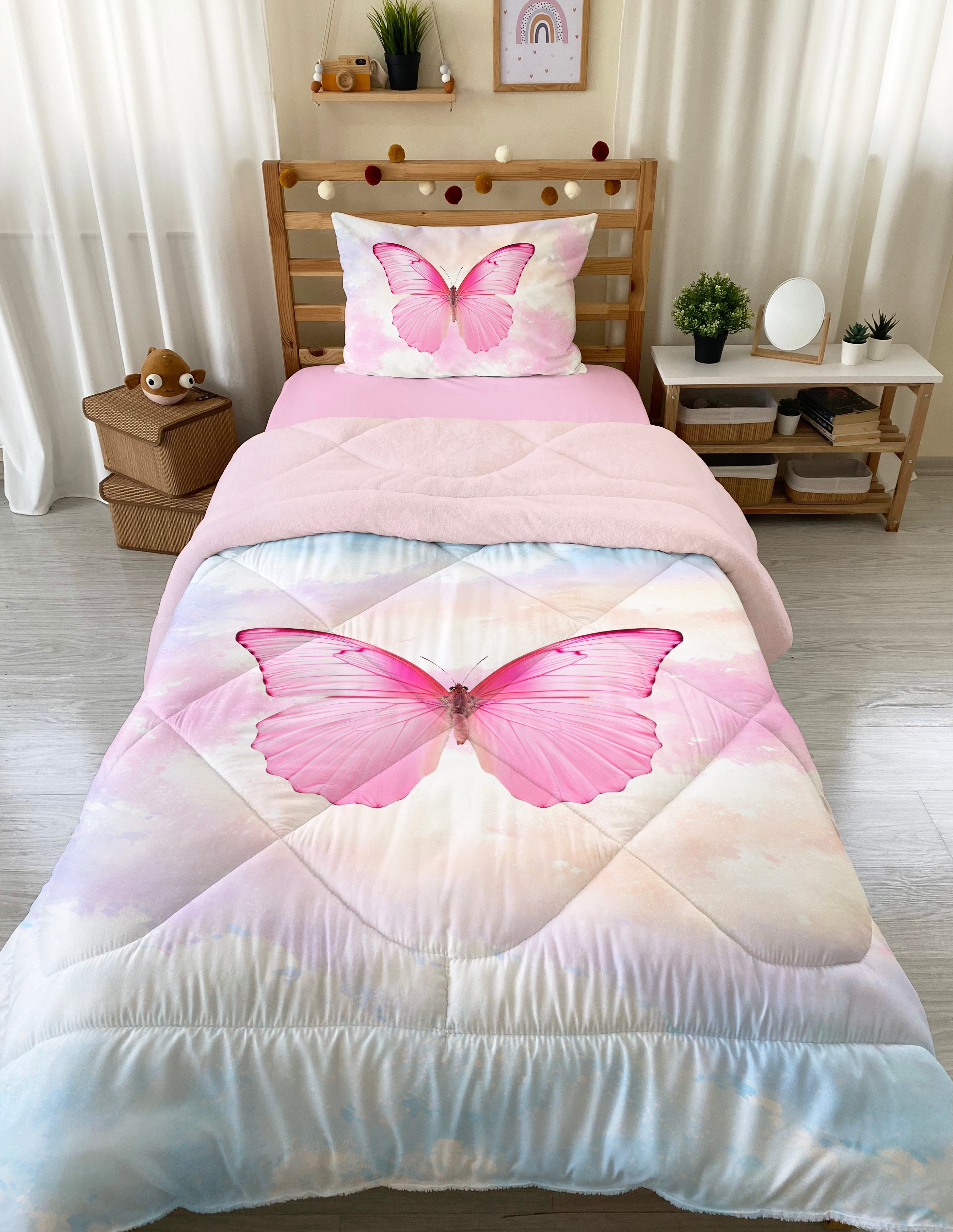 Evmila Kelebek Desenli Peluş Uyku Seti (Pembe Peluş)