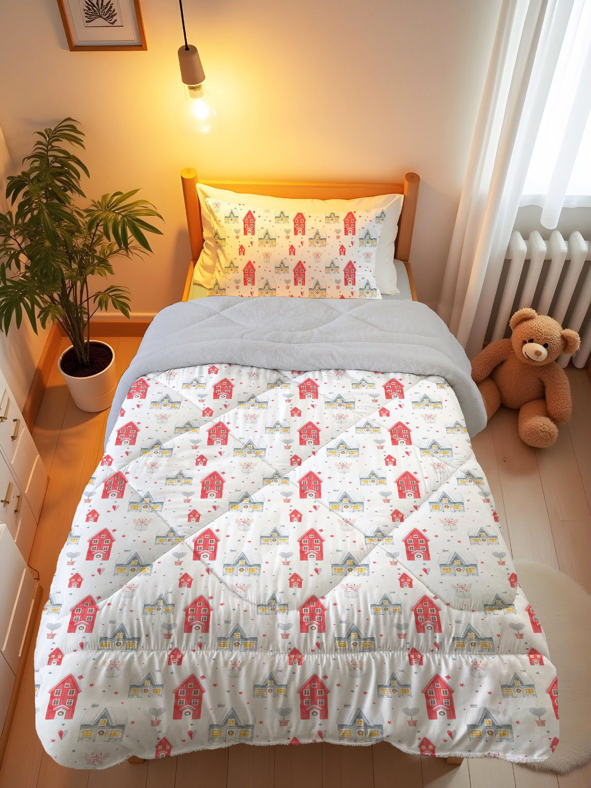 Evmila Yılbaşı Desenli Peluş Uyku Seti (Gri Peluş)