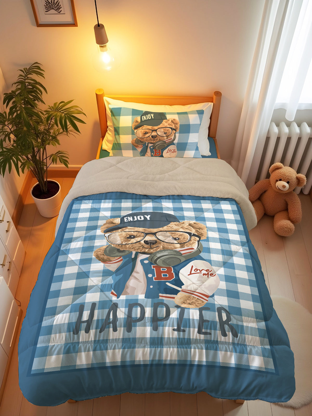 Evmila Ayıcık Desenli Peluş Uyku Seti (Bej Peluş)