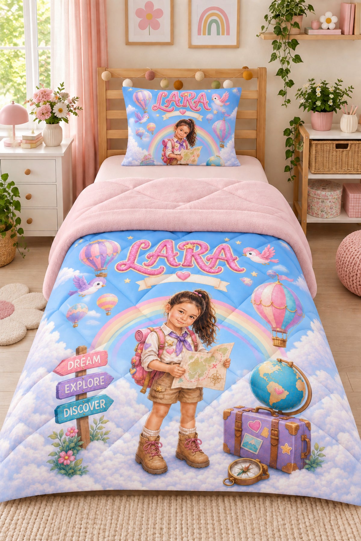 Evmila Karikatüristik Gezgin Temalı Peluş Uyku Seti (Pembe Peluş)