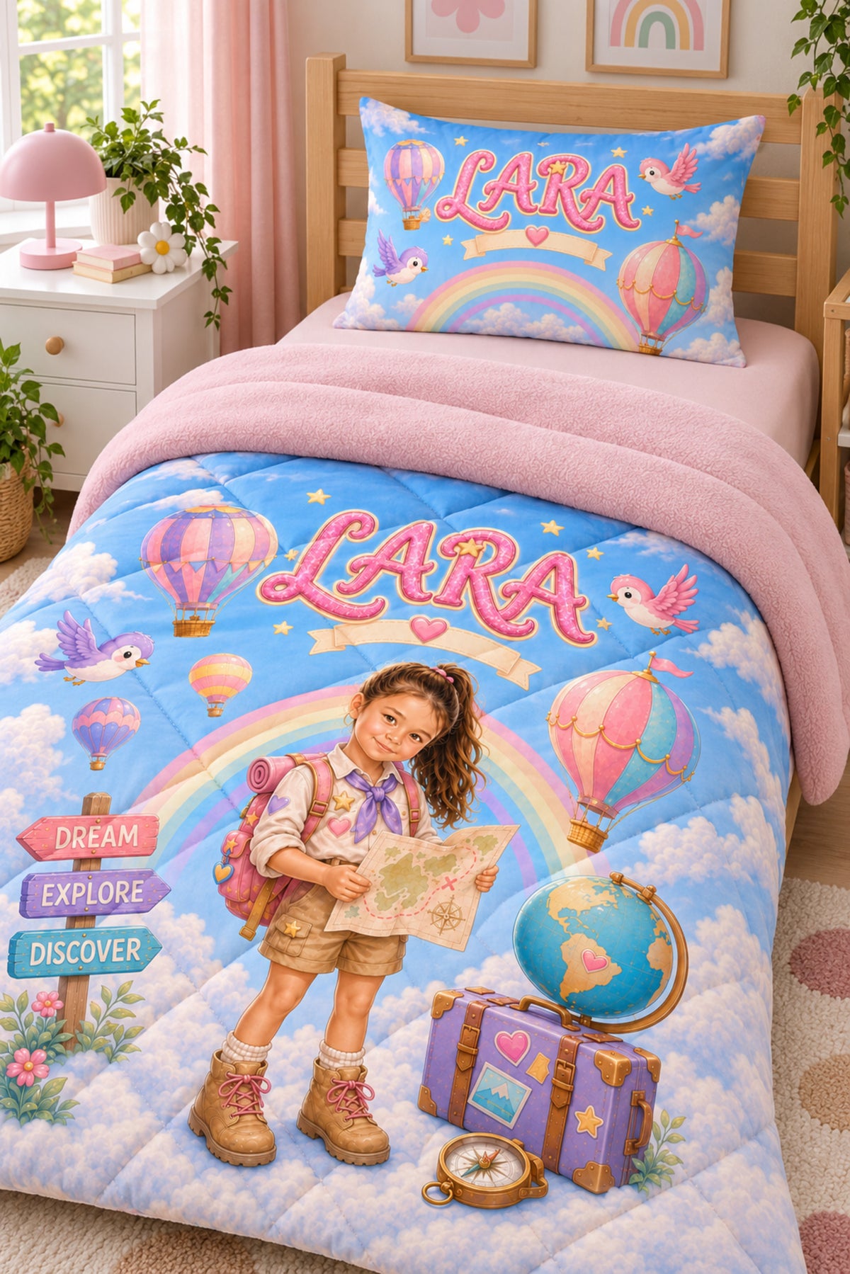 Evmila Karikatüristik Gezgin Temalı Peluş Uyku Seti (Pembe Peluş)