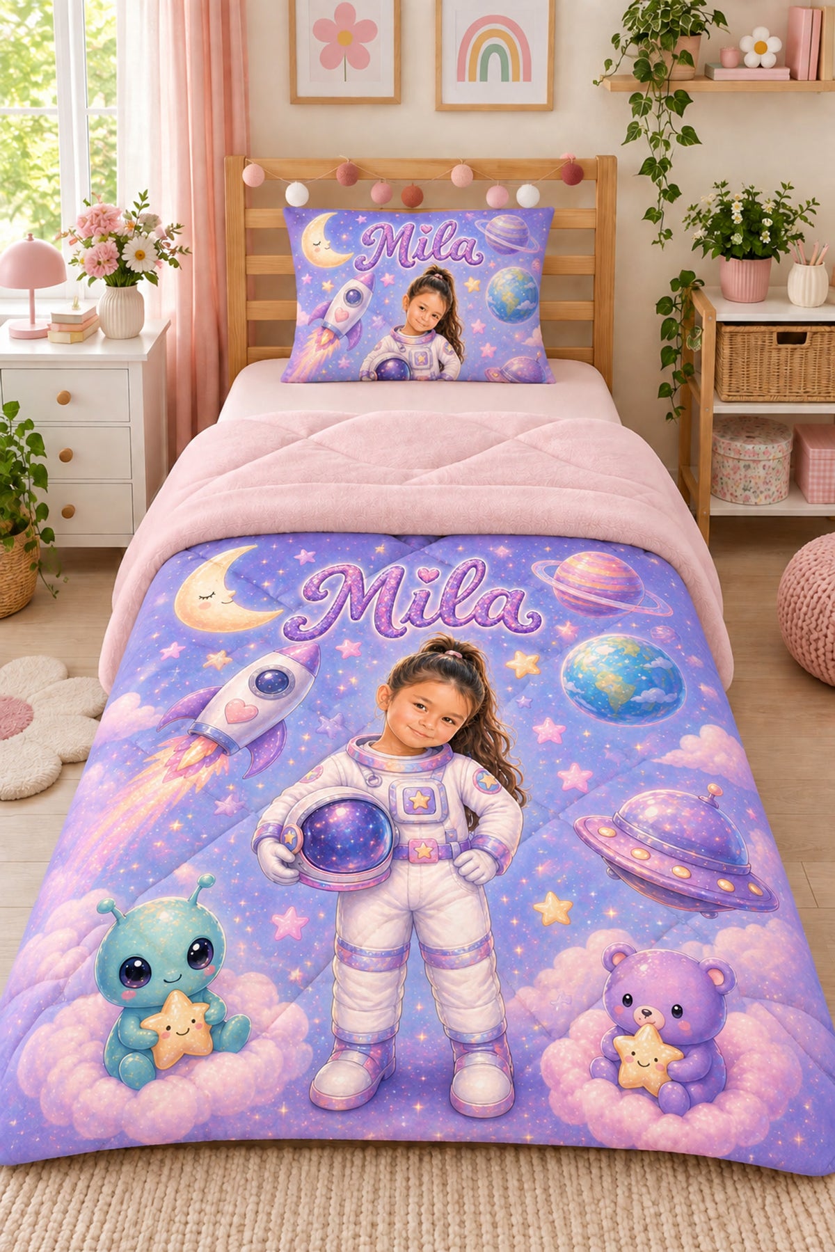 Evmila Karikatüristik Astronot Temalı Peluş Uyku Seti (Pembe Peluş)