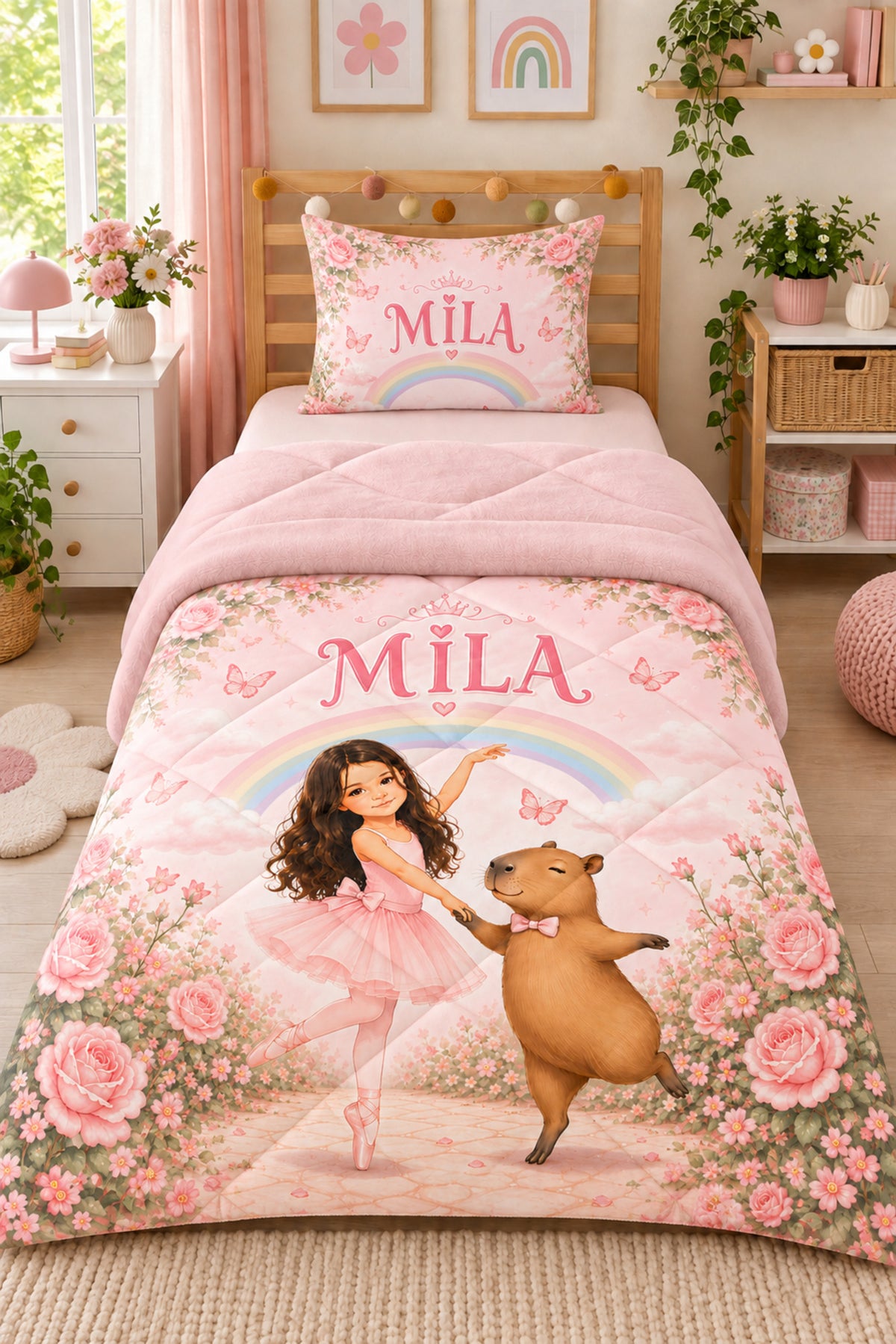 Evmila Karikatüristik Balerin Temalı Peluş Uyku Seti (Pembe Peluş)
