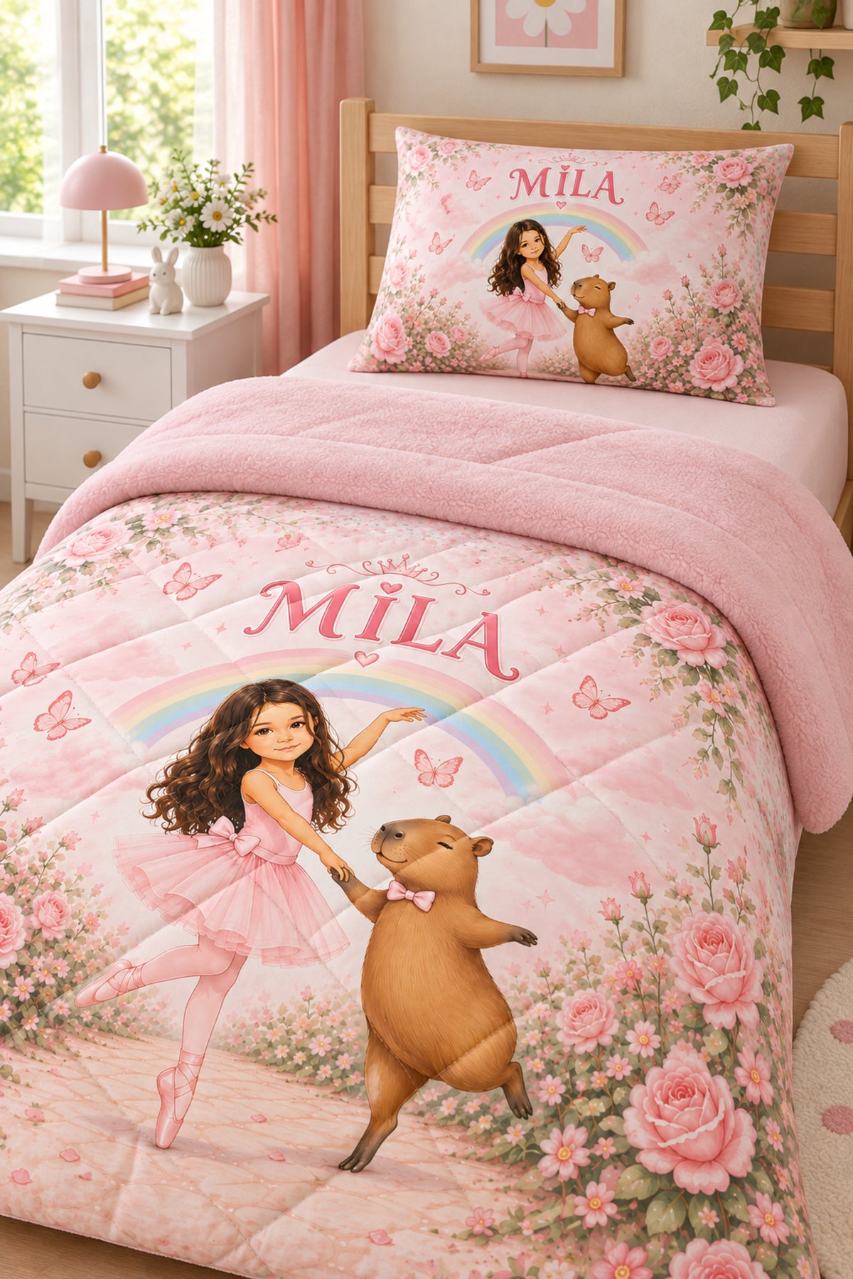 Evmila Karikatüristik Balerin Temalı Peluş Uyku Seti (Pembe Peluş)