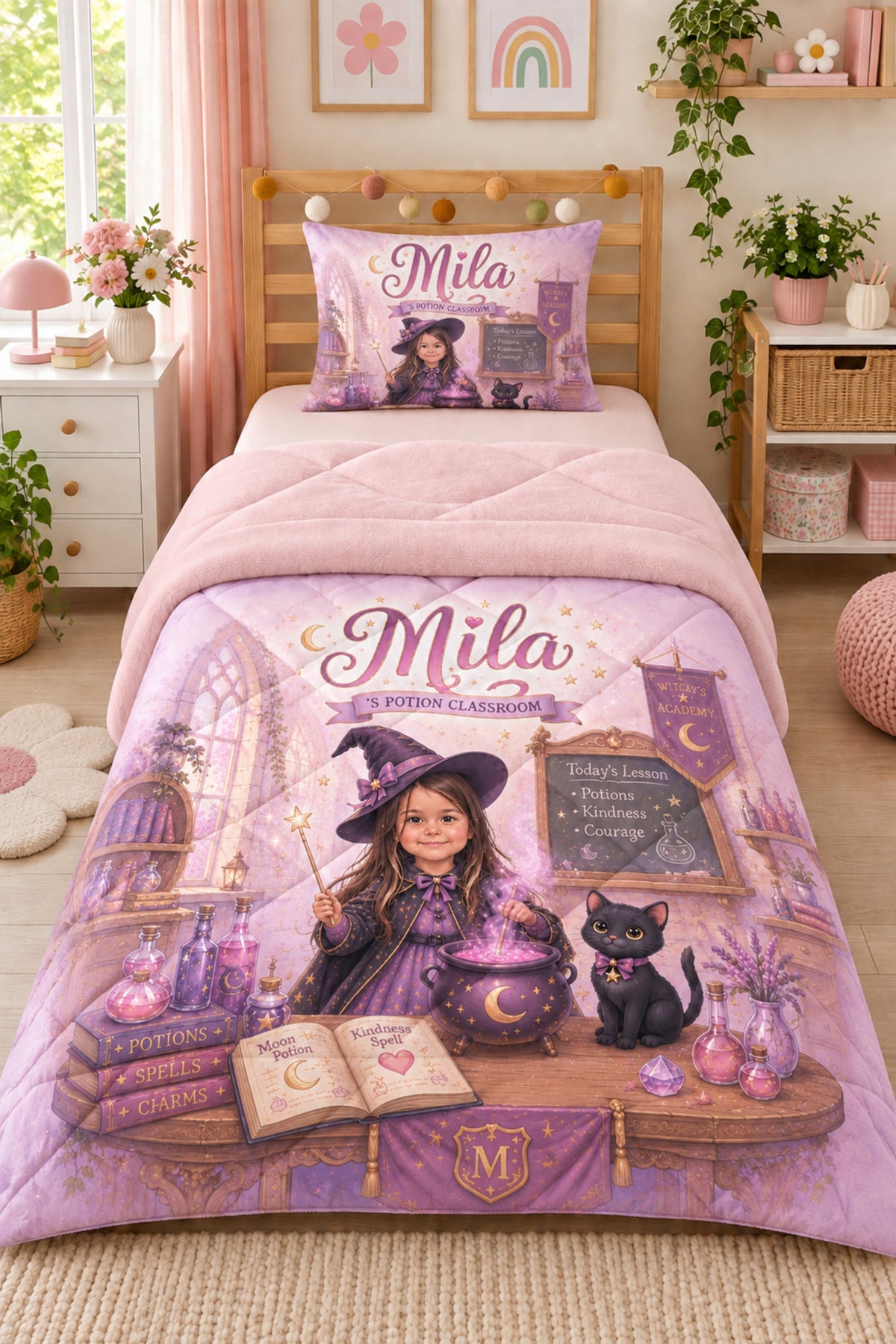 Evmila Karikatüristik Sevimli Cadı Temalı Peluş Uyku Seti (Pembe Peluş)