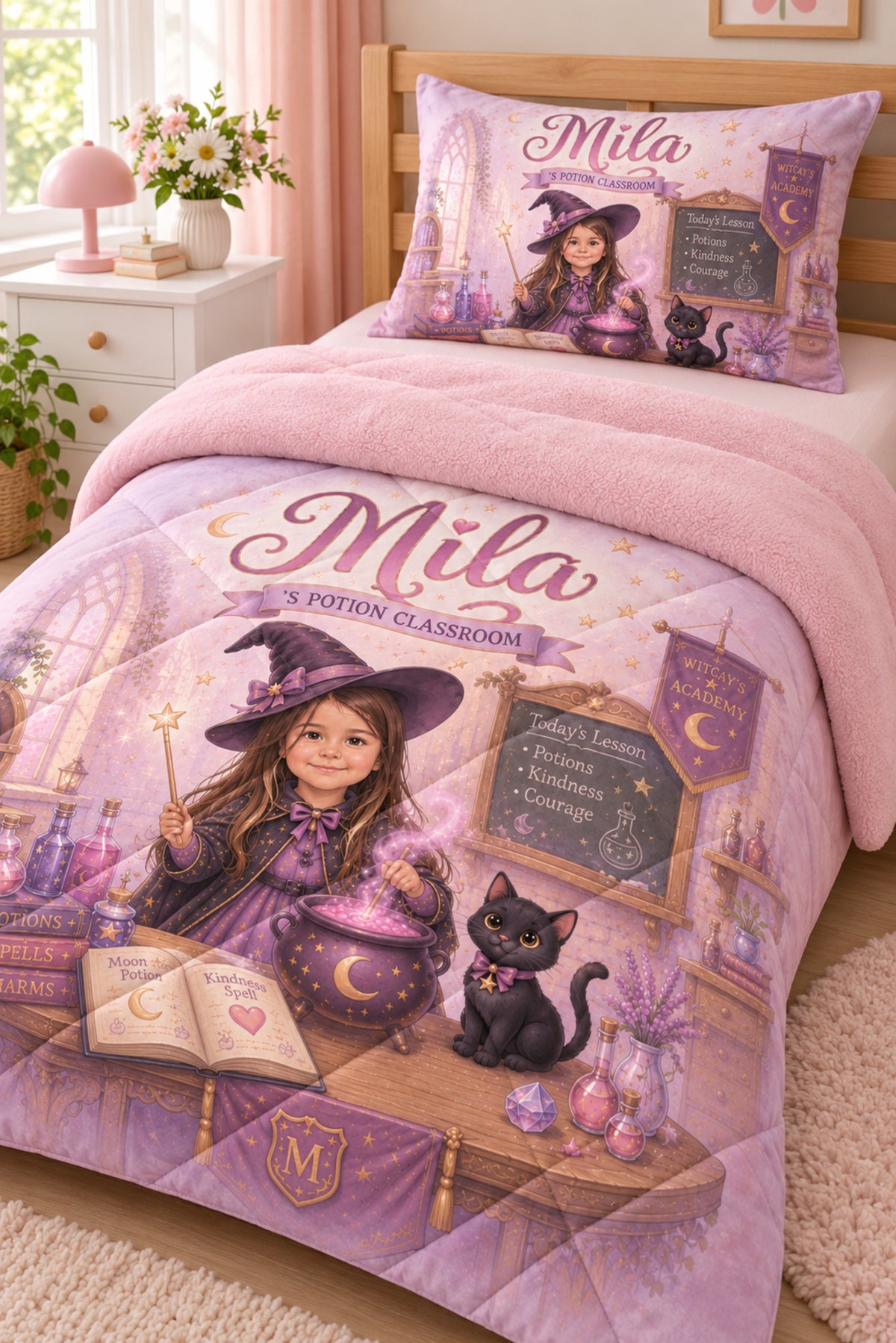 Evmila Karikatüristik Sevimli Cadı Temalı Peluş Uyku Seti (Pembe Peluş)