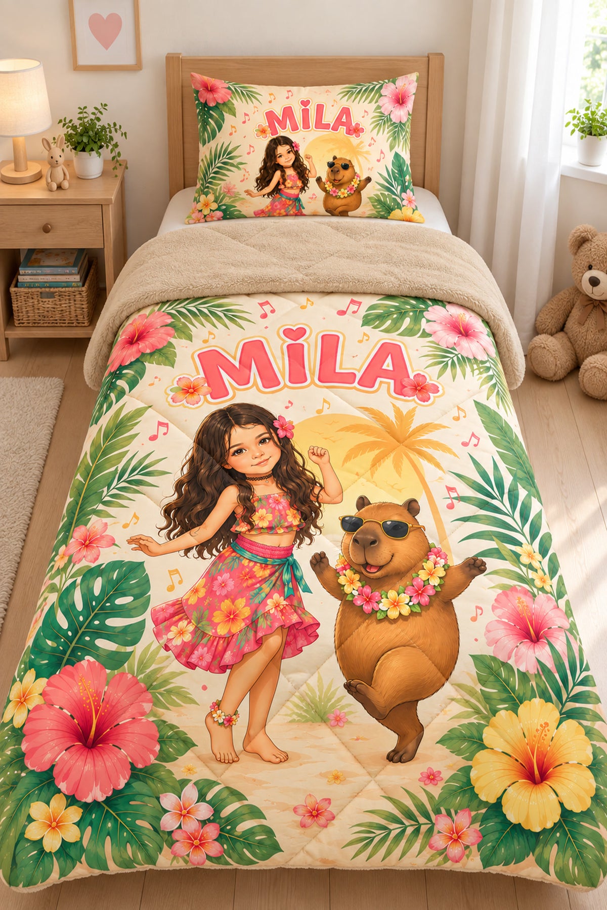 Evmila Karikatüristik Tropikal Temalı Peluş Uyku Seti (Bej Peluş)