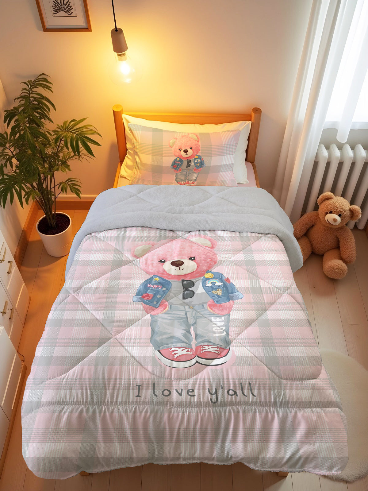 Evmila Ayıcık Desenli Peluş Uyku Seti (Gri Peluş)