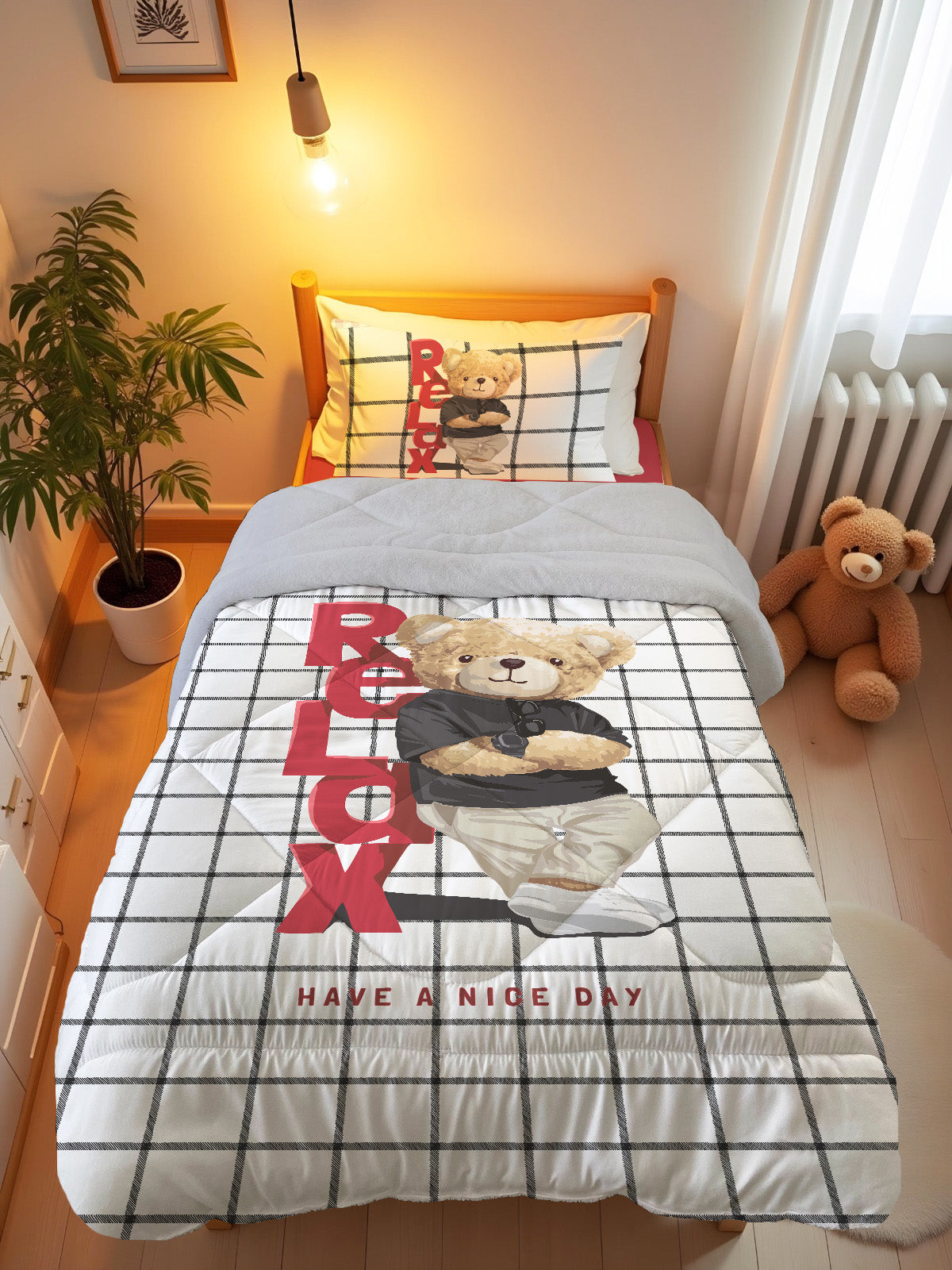 Evmila Ayıcık Desenli Peluş Uyku Seti (Gri Peluş)