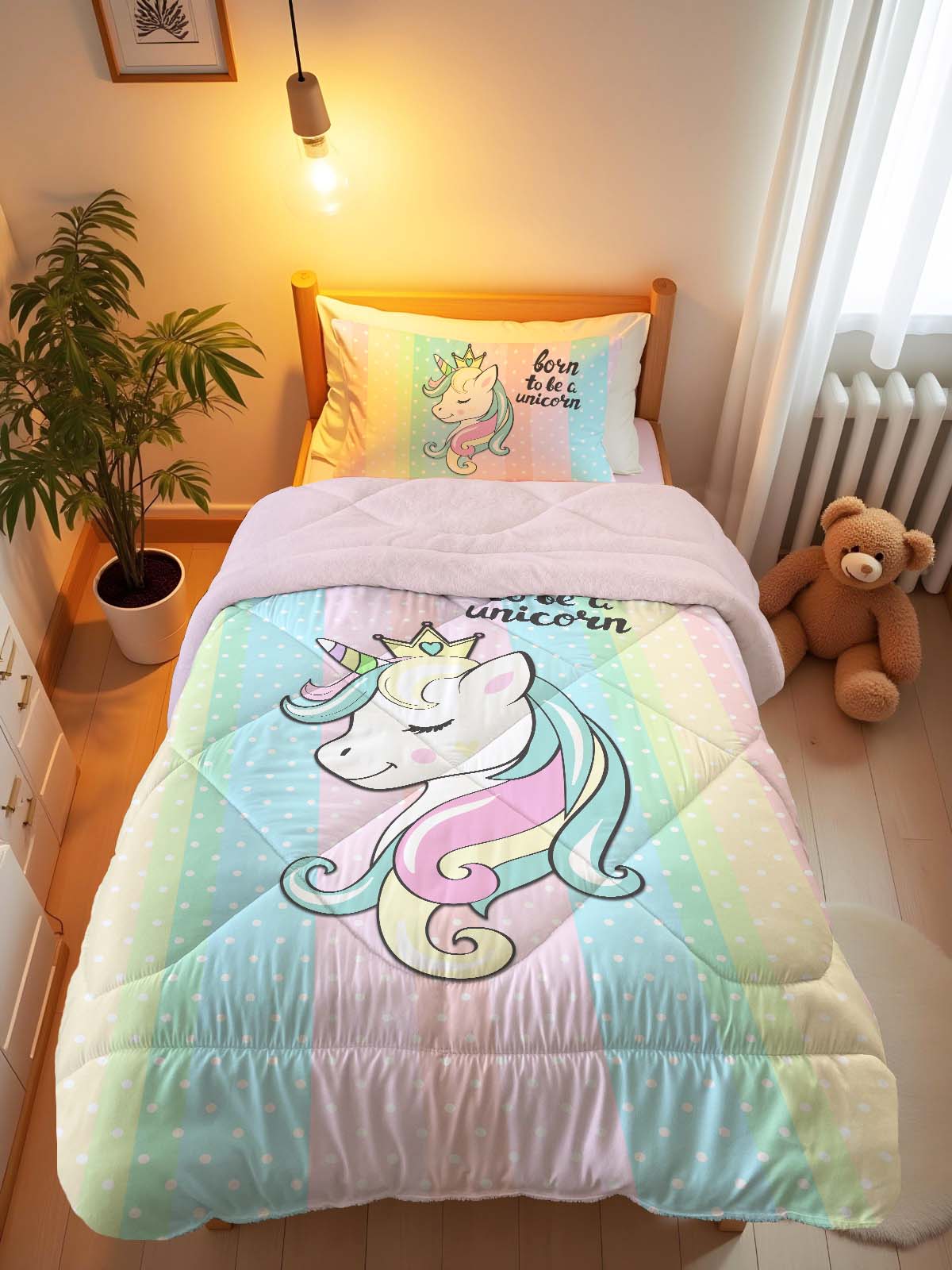 Evmila Unicorn Desenli Peluş Uyku Seti (Pembe Peluş)