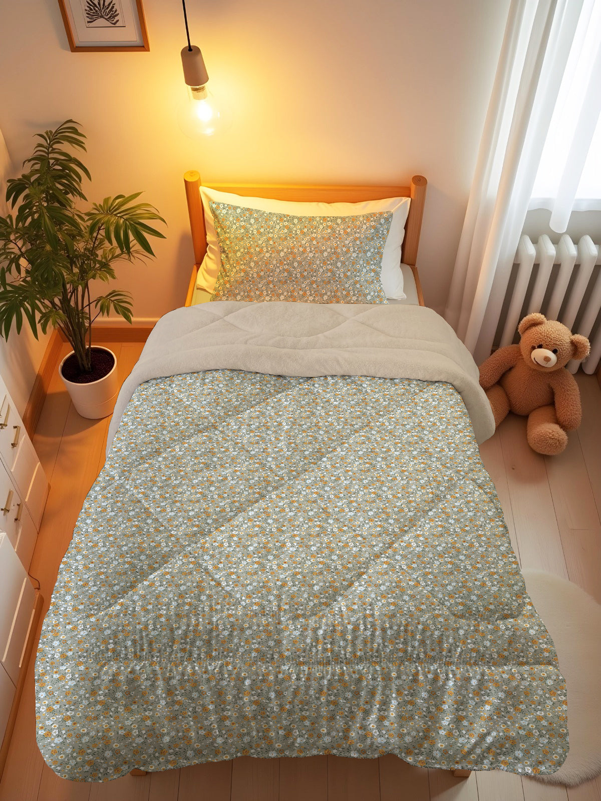 Evmila Minik Çiçekler Desenli Peluş Uyku Seti (Bej Peluş)